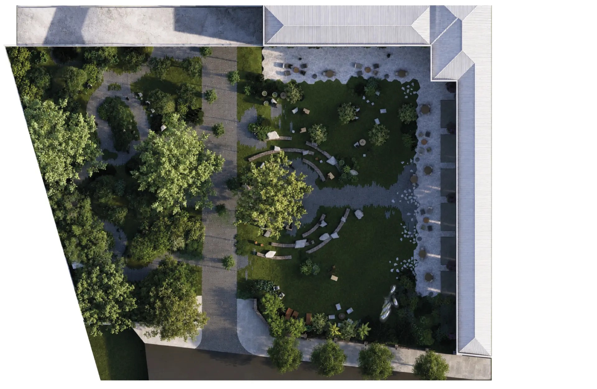 Vista aérea da Praça das Oliveiras com a posição das vinte árvores